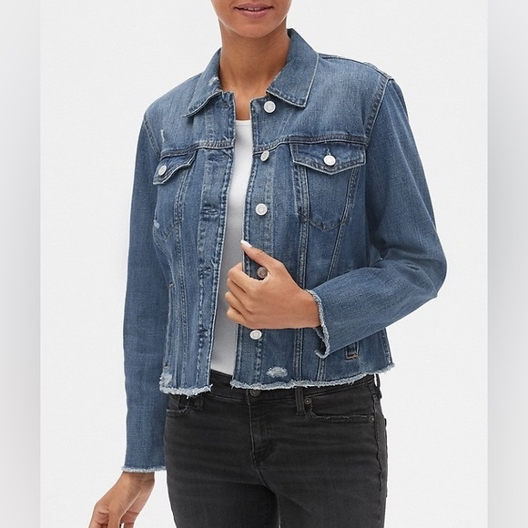 GAP Distressed Crop Icon Denim Jacket - Picture 1 of 11